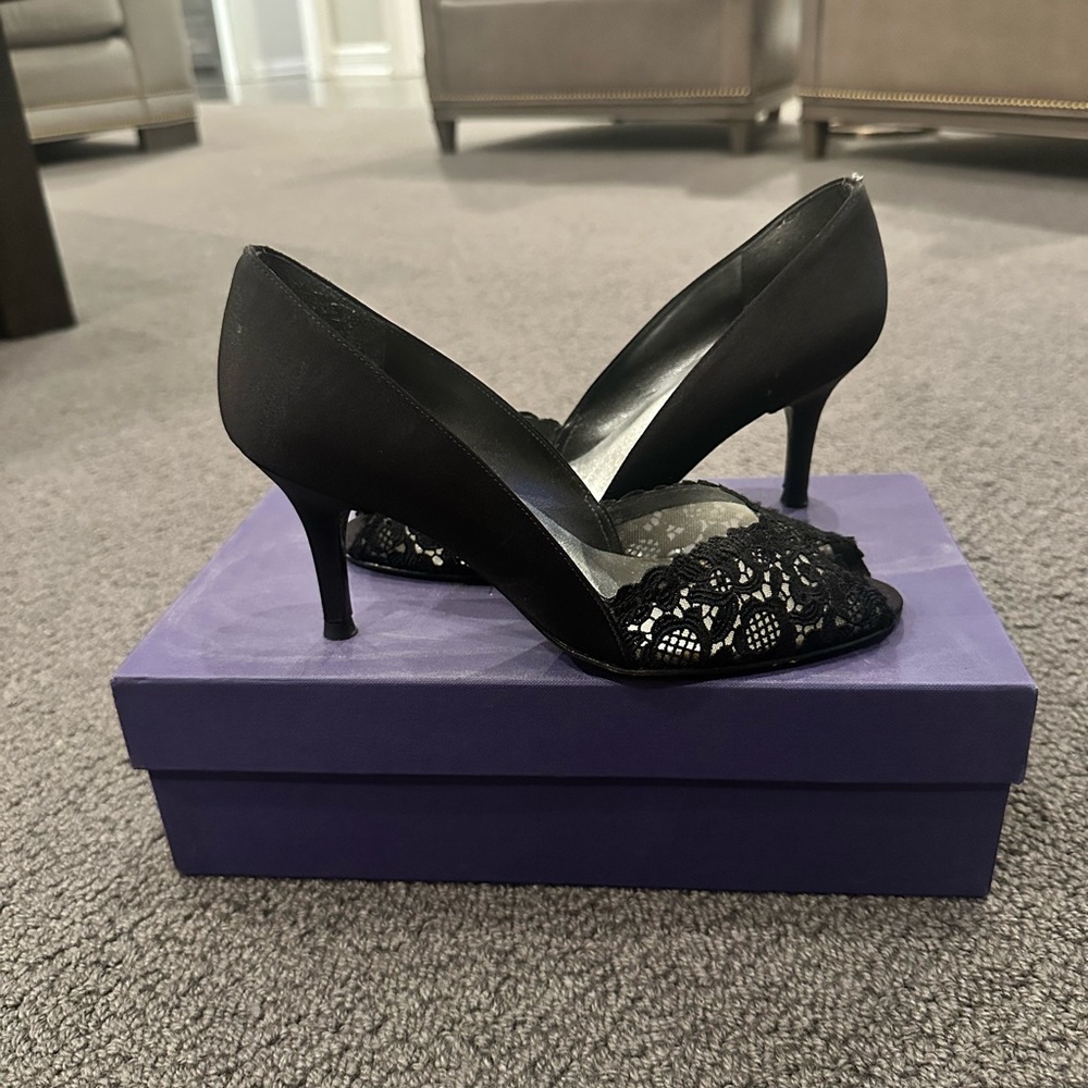 Stuart Weitzman Black Satin and Lace Heels